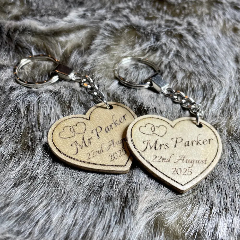 Mr & Mrs keyrings - wooden hearts