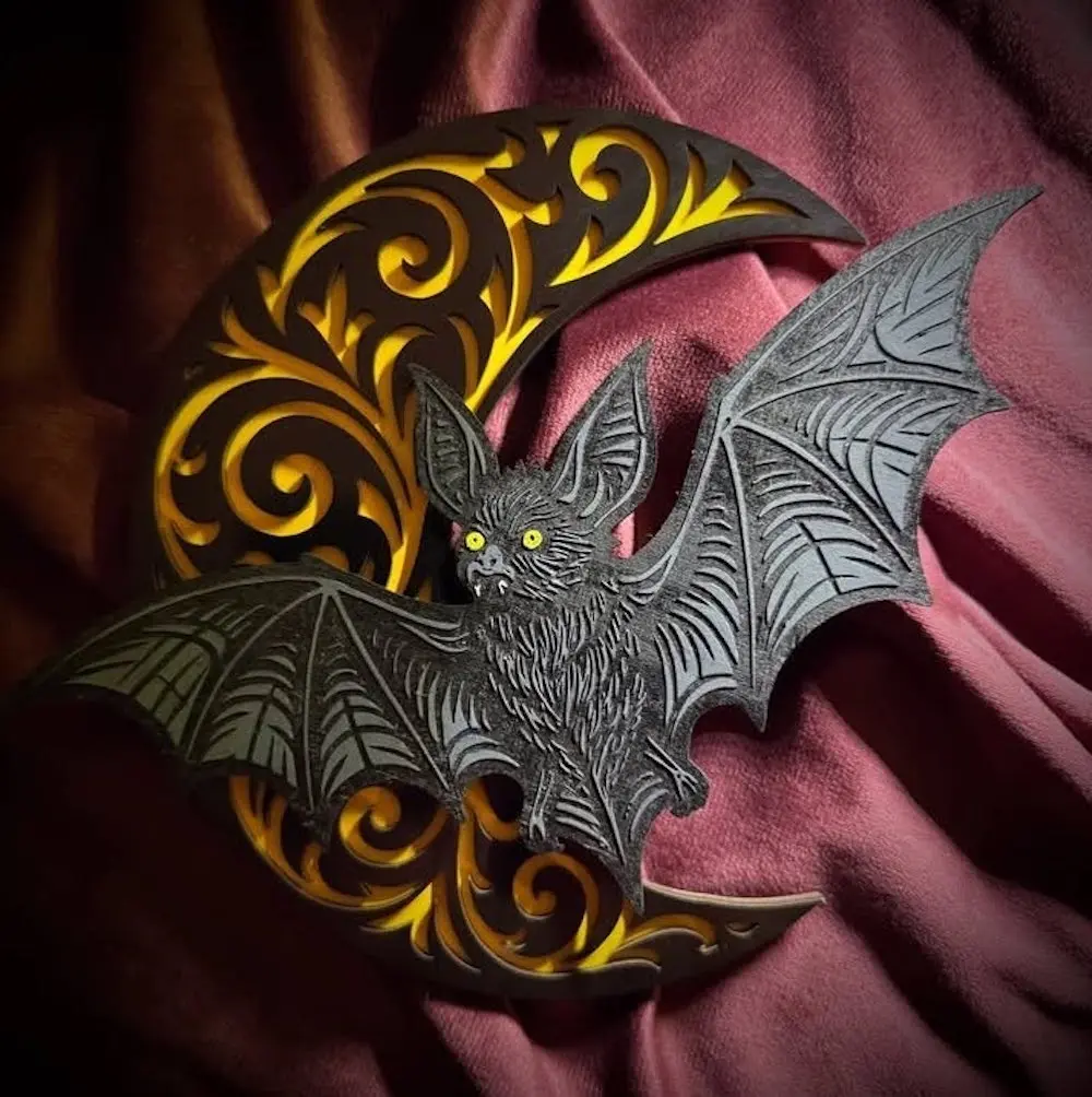 Gothic moon and vampire bat plaque