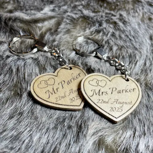 Mr & Mrs keyrings - wooden hearts